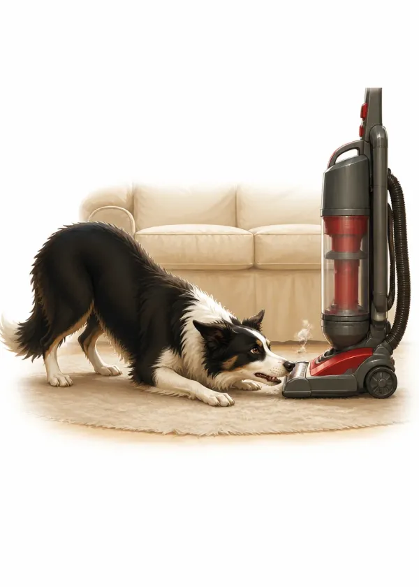 A Border Collie crouched low on a rug nose to nose with an upright vacuum cleaner in a living room