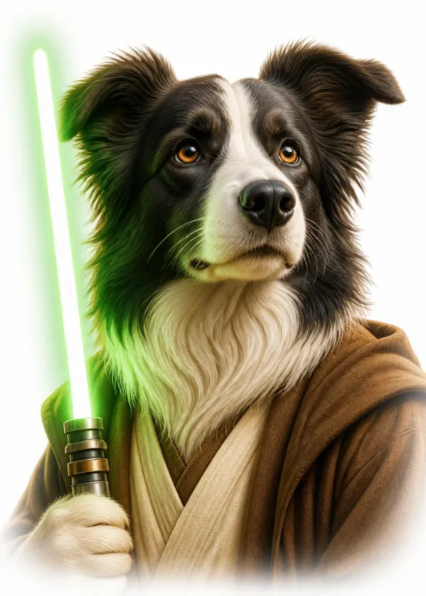 A Border Collie wearing brown robes and holding a glowing green laser sword looking seriously into the distance