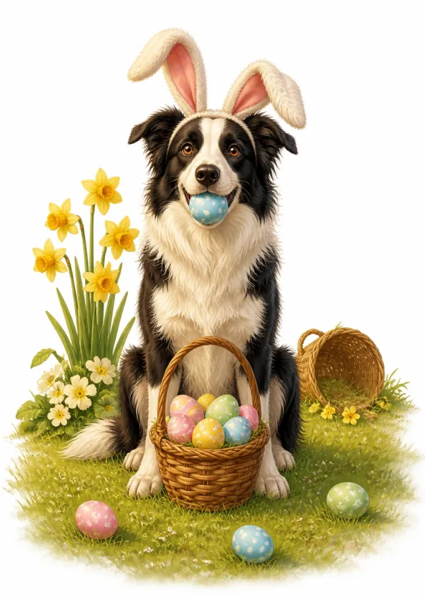 A Border Collie wearing bunny ears holding a blue Easter egg in its mouth beside a basket of eggs and daffodils